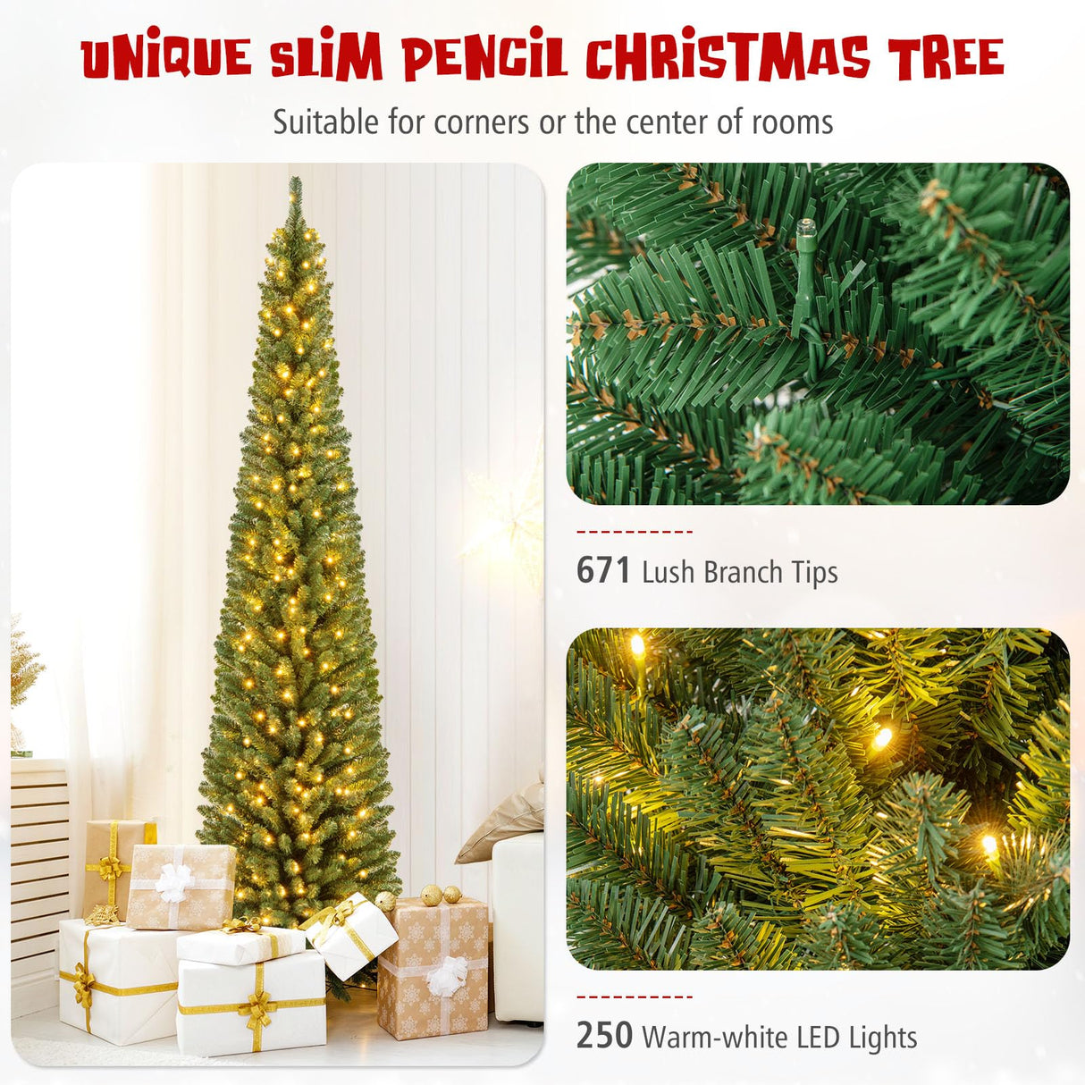 Goplus 8ft Pre-Lit Slim Pencil Christmas Tree, Artificial Skinny Xmas Tree with Quick Shape Technology, 671 Lush Branch Tips, 250 Warm White LED Lights, Slender Holiday Tree for Home Office Decoration Goplus