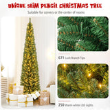 Goplus 8ft Pre-Lit Slim Pencil Christmas Tree, Artificial Skinny Xmas Tree with Quick Shape Technology, 671 Lush Branch Tips, 250 Warm White LED Lights, Slender Holiday Tree for Home Office Decoration Goplus