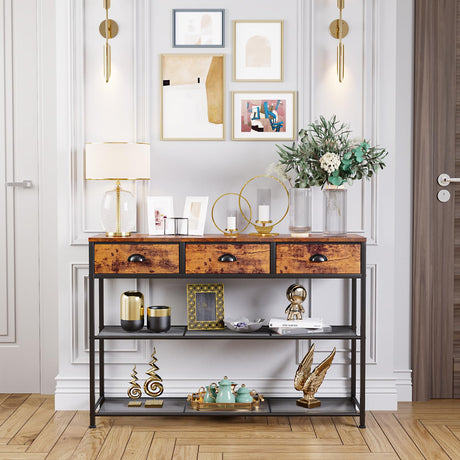 Rustic Brown 38'' Furologee Console Sofa Table with 3 Fabric Drawers and Storage Shelves Furologee