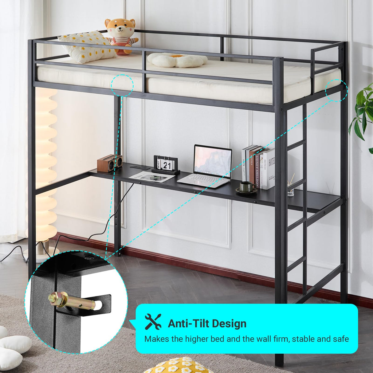 Karl home Twin Metal Loft Bed with Desk, with Power Outlet and LED Lighted, Safety Guardrail & Ladder, Space Saving, No Noise, No Box Spring Needed, Black Karl home