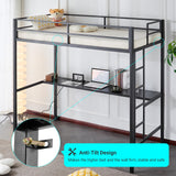 Karl home Twin Metal Loft Bed with Desk, with Power Outlet and LED Lighted, Safety Guardrail & Ladder, Space Saving, No Noise, No Box Spring Needed, Black Karl home