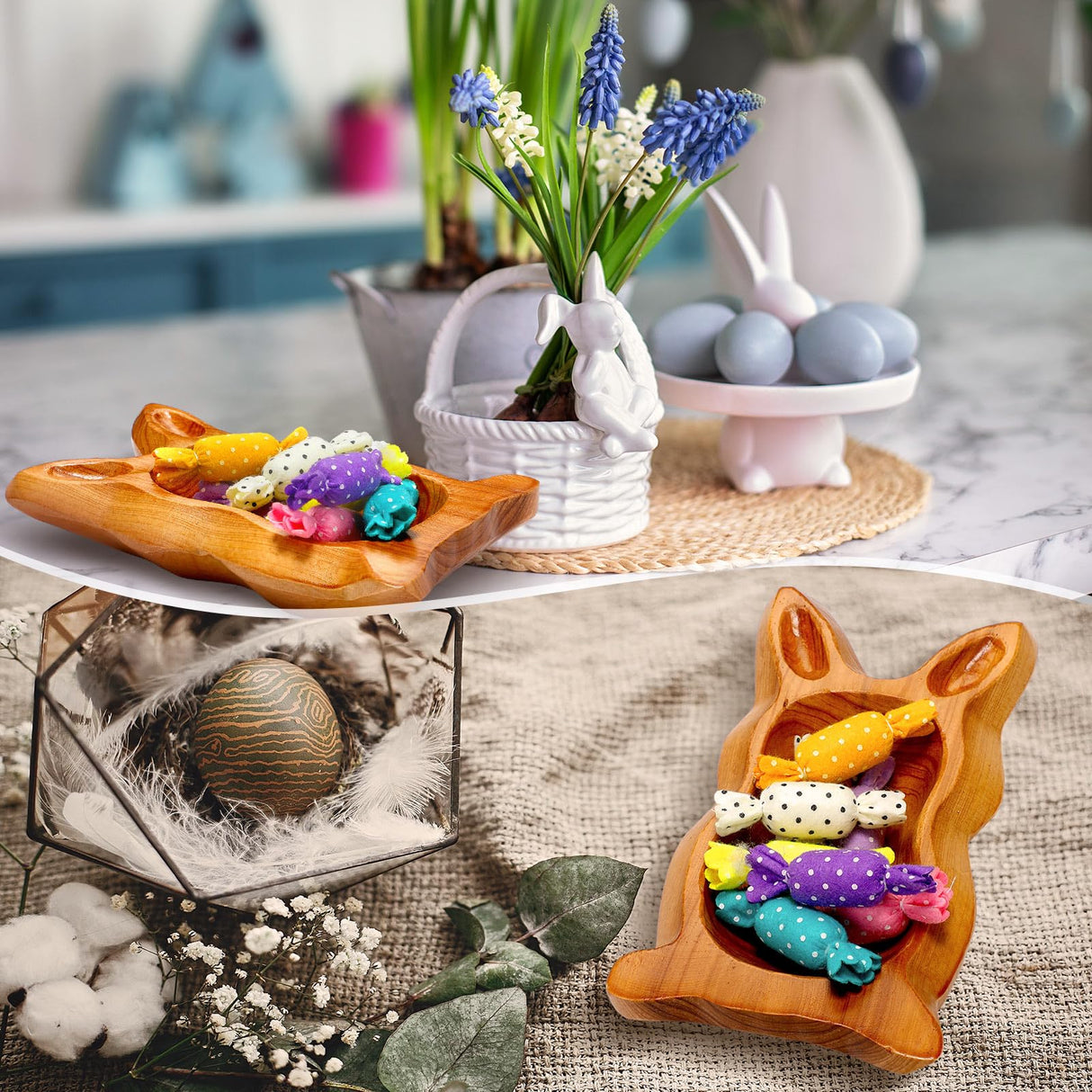 SiliFine Easter Bunny Shaped Dough Bowl Easter Decorative Bunny Bowl Rabbit Shaped Wooden Bowl Farmhouse Rustic Serving Trays Primitive Wood Trencher Tray for Easter Table Centerpiece Home Decor SiliFine