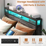 Homieasy Full Size Bed Frame with Headboard, Metal Full Bed Frames with Charging Station and Led Lights, Industrial Platform Bed Frame, No Box Spring Needed, Noise-Free, Black Oak Homieasy