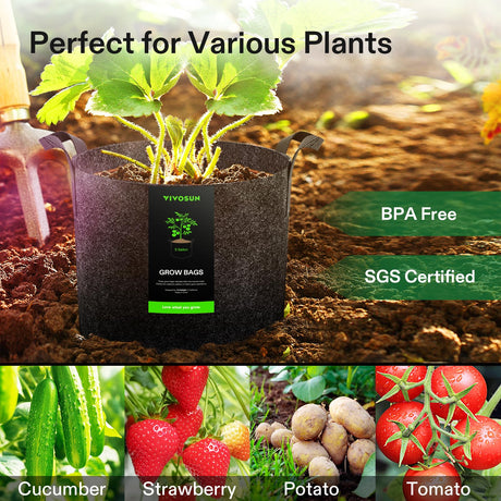 VIVOSUN 5-Pack 5 Gallon Grow Bags Heavy Duty 300G Thickened Nonwoven Plant Fabric Pots with Handles VIVOSUN