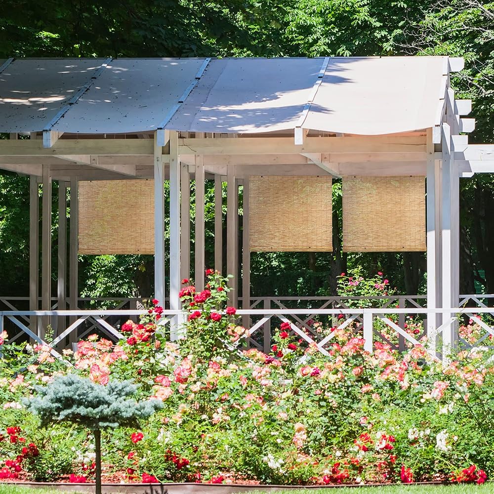 QHDPKU Outdoor Bamboo Blinds Roll Up Woven Reed Shades Waterproof Matchstick Roller Curtain for Window Patio Gazebo Restaurant, Breathable, 24" 30" 32" 40" 46" 54" 60" 72" Wide Cordless QHDPKU