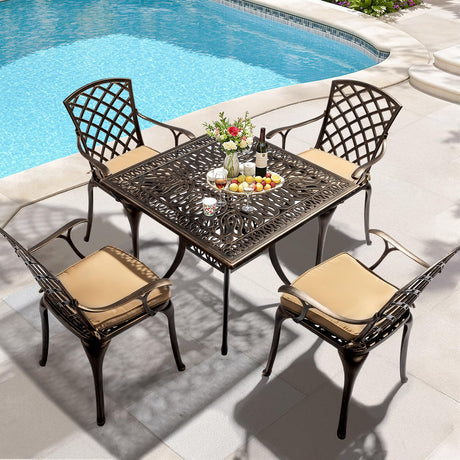 VINGLI 5-Piece Outdoor Patio Dining Set, Cast Aluminum All-Weather Outdoor Table and Chairs w/Cushion, Outdoor Furniture Set w/Umbrella Hole for Backyard Deck Poolside (Square, Grid Back) VINGLI