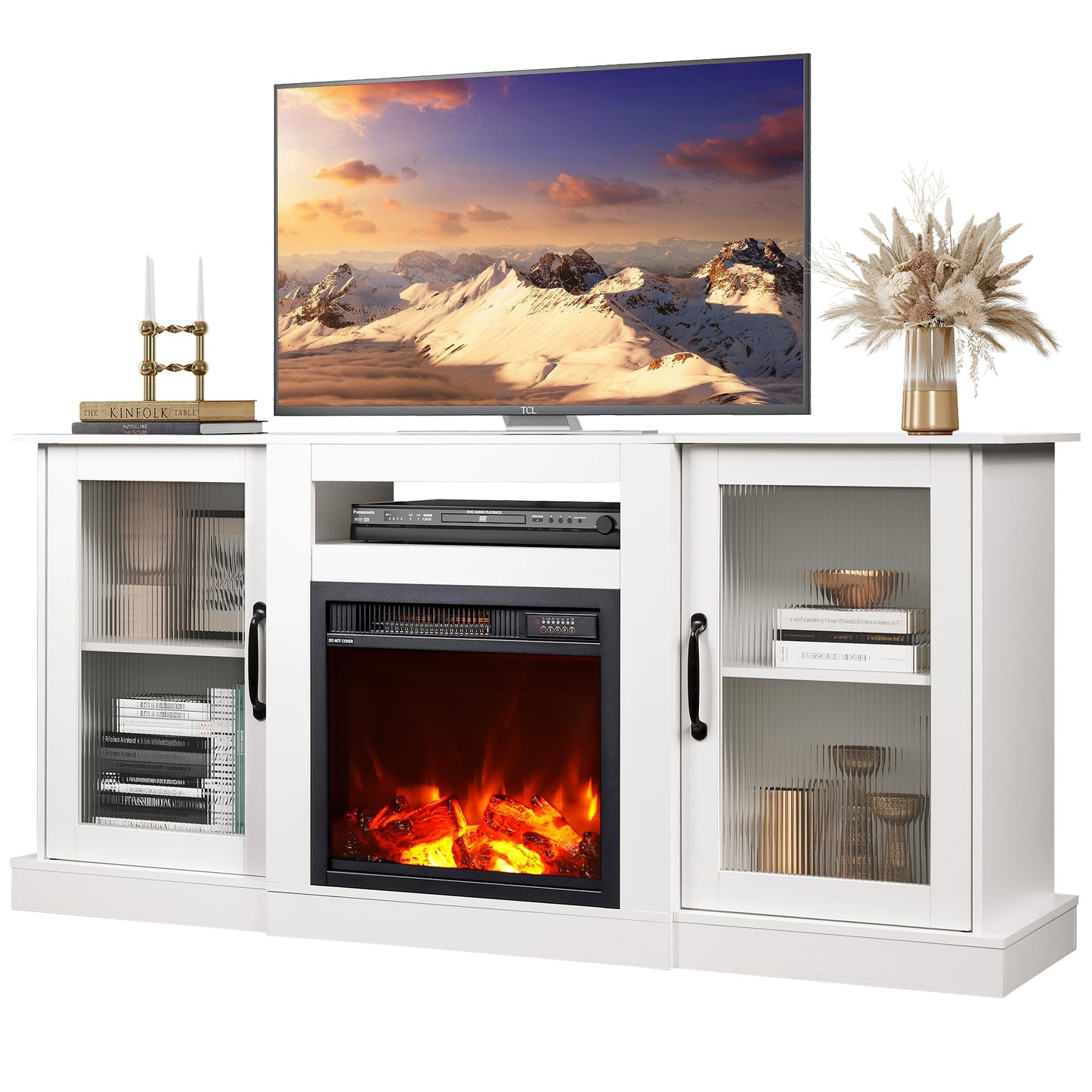 WLIVE Fireplace TV Stand for 65" TV, Entertainment Center with 18 Inch Electric Fireplace, TV Console with Open Shelves for Living Room and Bedroom, White