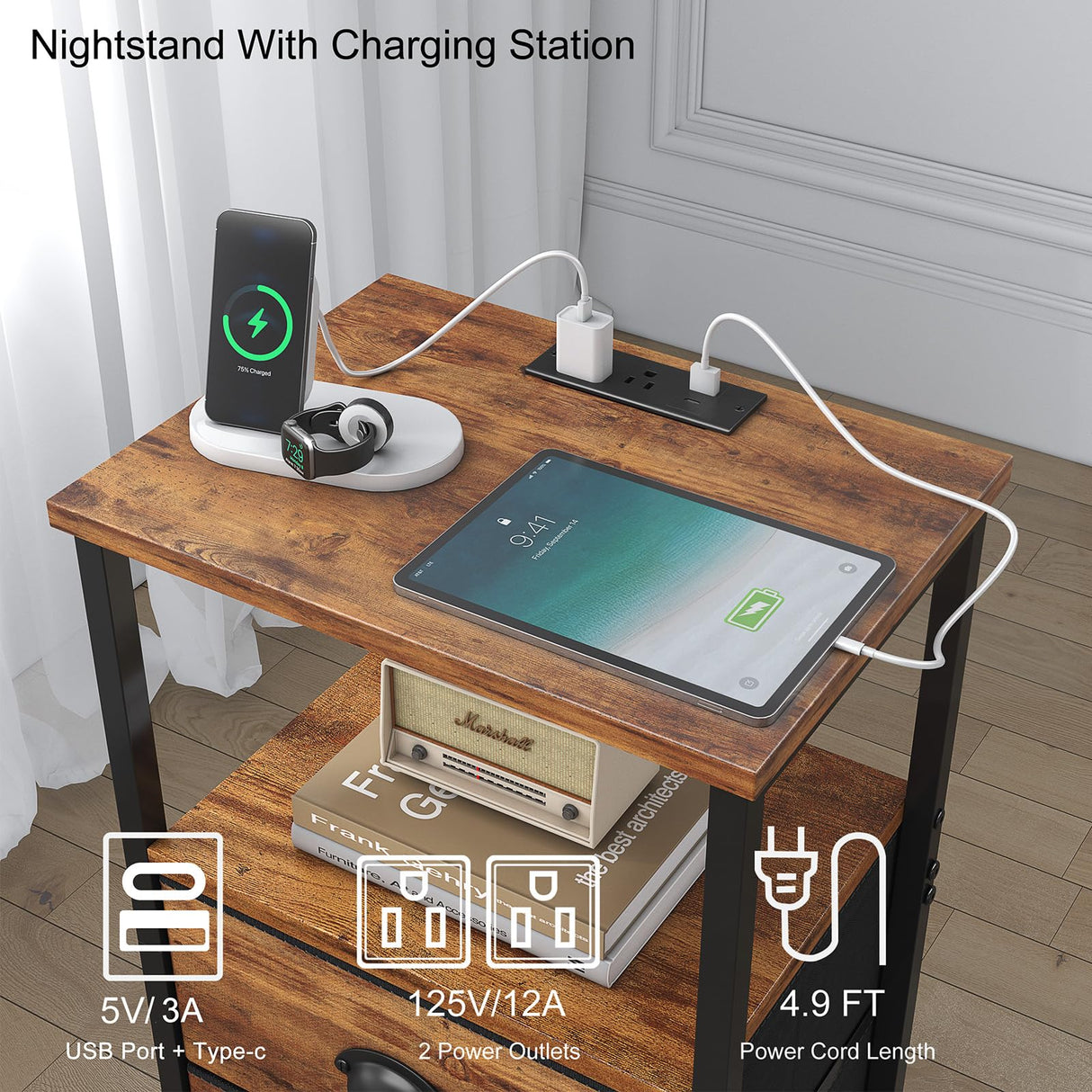 Sthmec Rustic Brown Industrial Nightstand Set of 2, Bedside Table with 2 Fabric Drawers, 3-Tier Storage, LED Light, Charging Station, 11.38''D * 15.38''W* 24.75''H sthmec