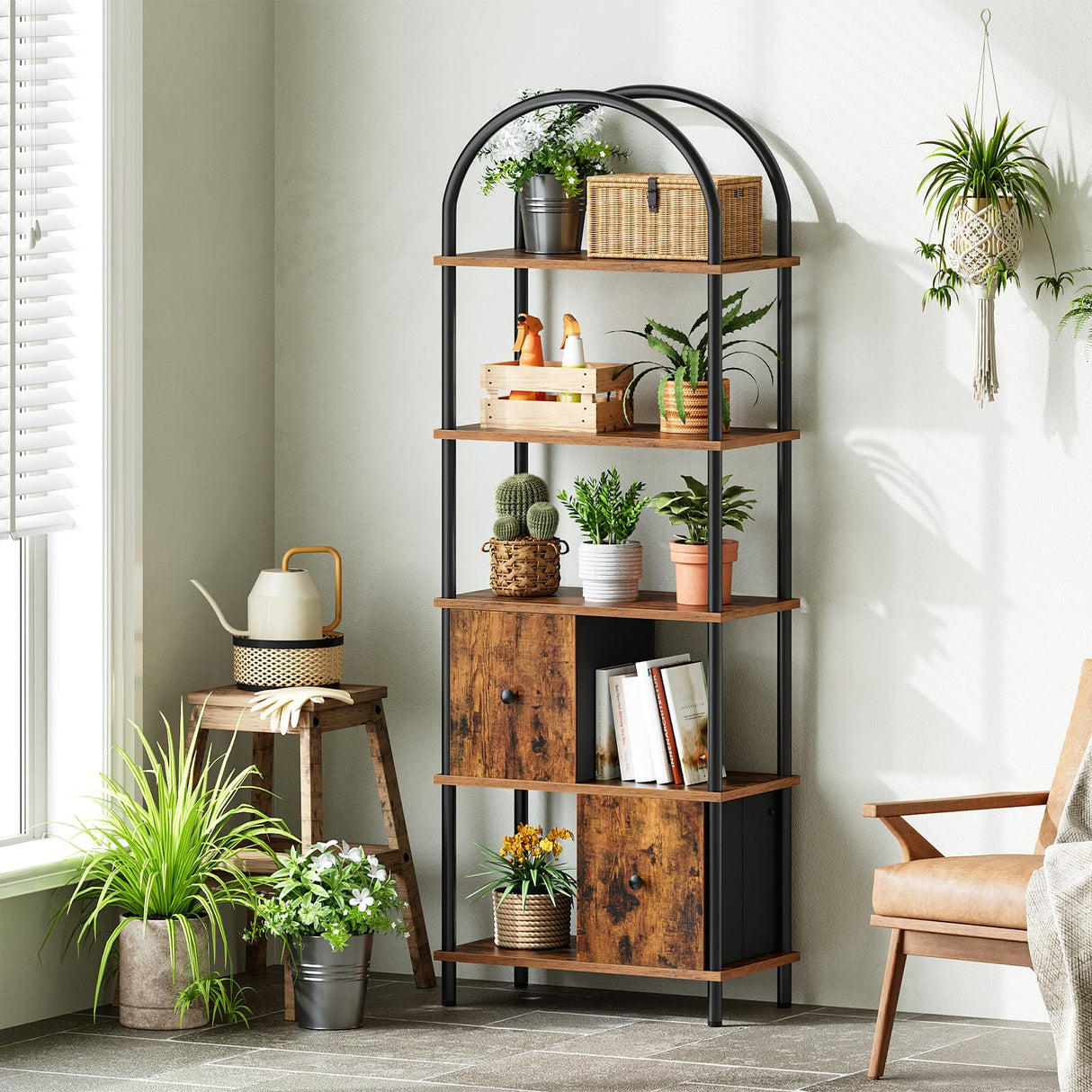 HOOBRO 5-Tier Bookshelf, Arched Bookcase with 2 Drawers, Tall Industrial Style Display Rack, Modern Standing Bookcase with Metal Frame for Office, Bedroom, Kitchen, Rustic Brown and Black BF175SJ01 HOOBRO
