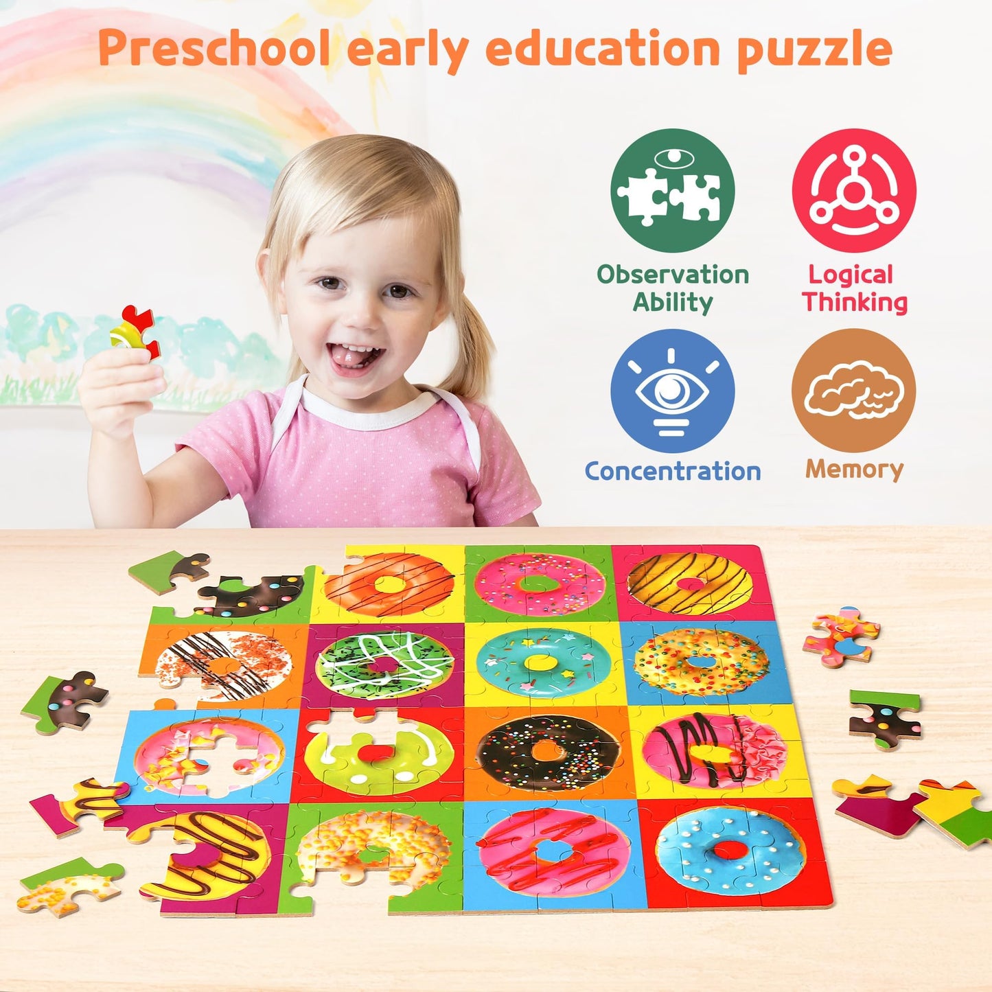 SYNARRY 100 Piece Wooden Puzzles for Kids Ages 4-8, Donuts Jigsaw Puzzle for Kids Ages 4-6 8-10 Teens, Preschool Educational Puzzles for 4 5 6 7 8 9 Years Old Boys Girls Children, Beautiful Toys Gifts