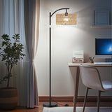 ROTTOGOON Rattan Floor Lamps for Living Room, Boho Standing Lamps with Rattan Shade, Arc Lamps Floor Standing with 9W Bulb, Foot Switch, Black Bohemian Floor Lamps for Bedroom, Office-Drum ROTTOGOON