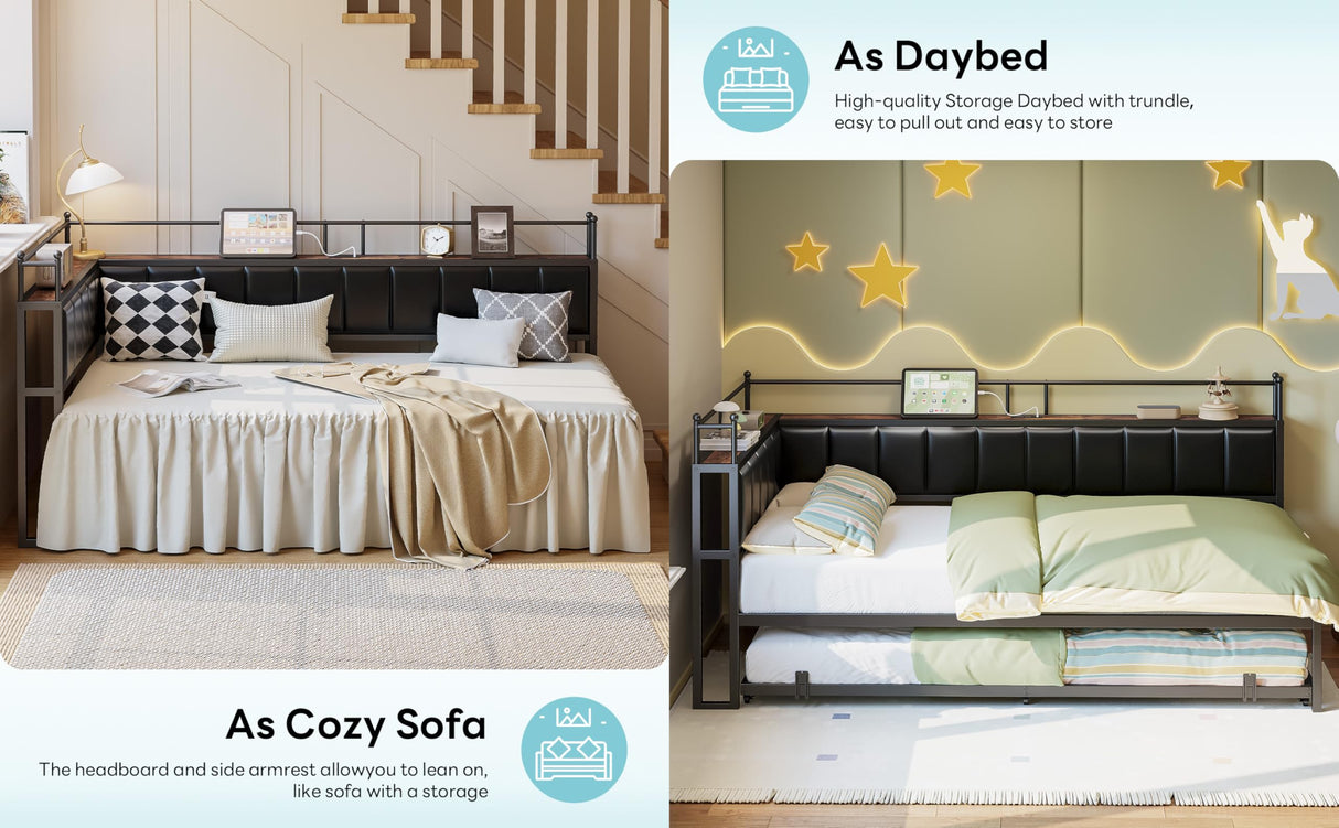 LIKIMIO Daybed with Trundle, Twin Corner Bed Fram with Bedside Storage,Sofa Day Bed for Living Room, Bedroom and Guest Room,Black LIKIMIO