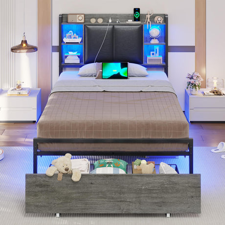 VIAGDO Twin Bed Frame with LED Lights, Upholstered Storage Headboard, Charging Station, and Drawers VIAGDO