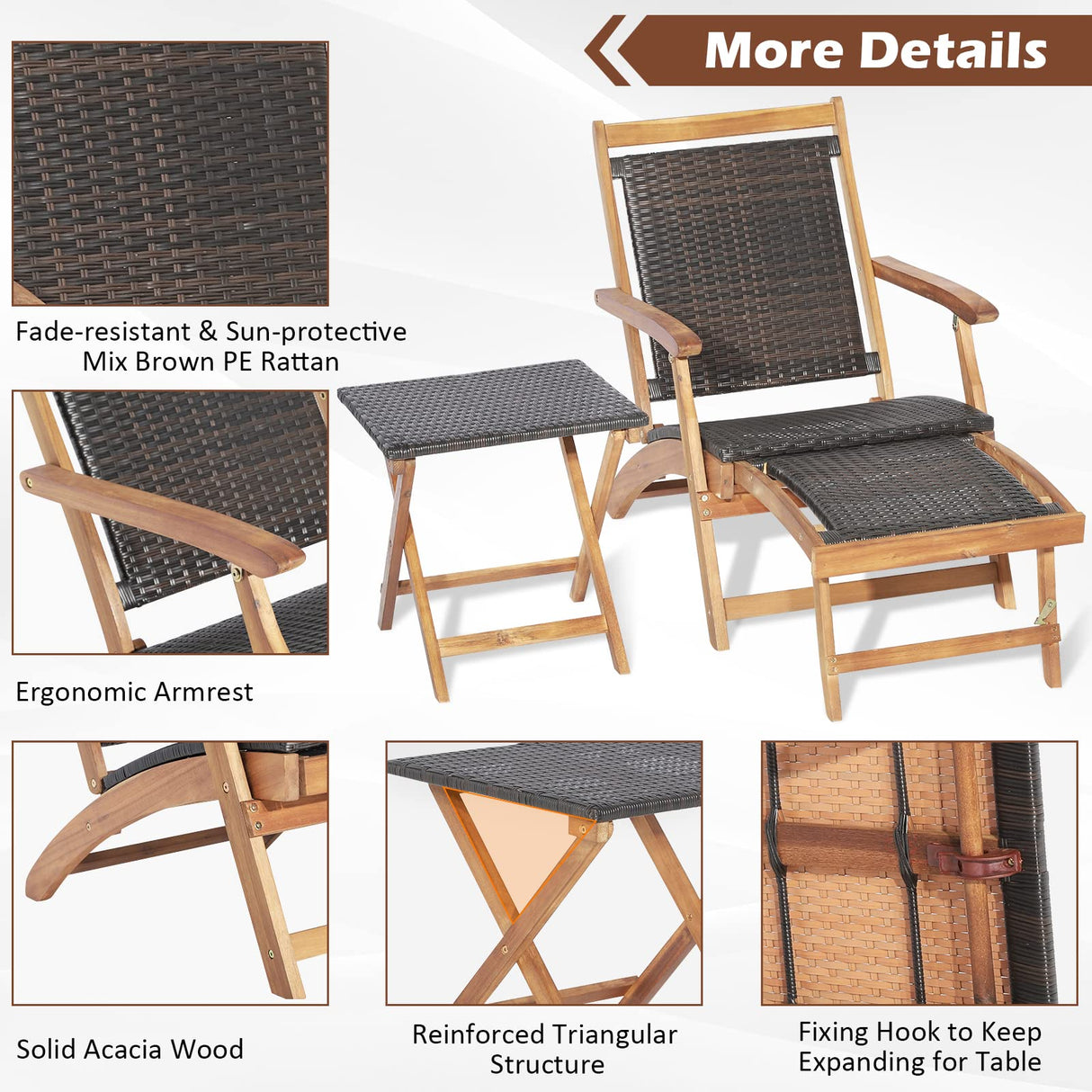 Tangkula Patio Lounge Chair and Side Table Set, Acacia Wood Wicker Folding Table and Armrest Chair with Retractable Ottoman, Outdoor Chaise Lounger for Garden, Backyard, Poolside, Balcony Tangkula