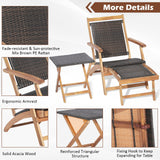 Tangkula Patio Lounge Chair and Side Table Set, Acacia Wood Wicker Folding Table and Armrest Chair with Retractable Ottoman, Outdoor Chaise Lounger for Garden, Backyard, Poolside, Balcony Tangkula