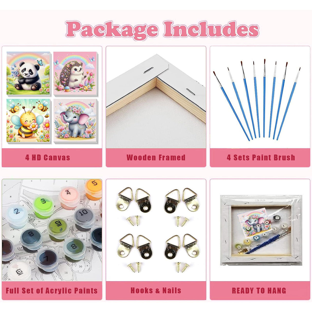 4 Pack Animal Paint by Number for Kids with Wooden Frame, Paint by Numbers for Kids Animals Ages 4-8-12, Easy Elephant Panda Bee Hedgehog DIY Acrylic Oil Painting Kits for Home Wall Decor (8X8 inch) xackcme