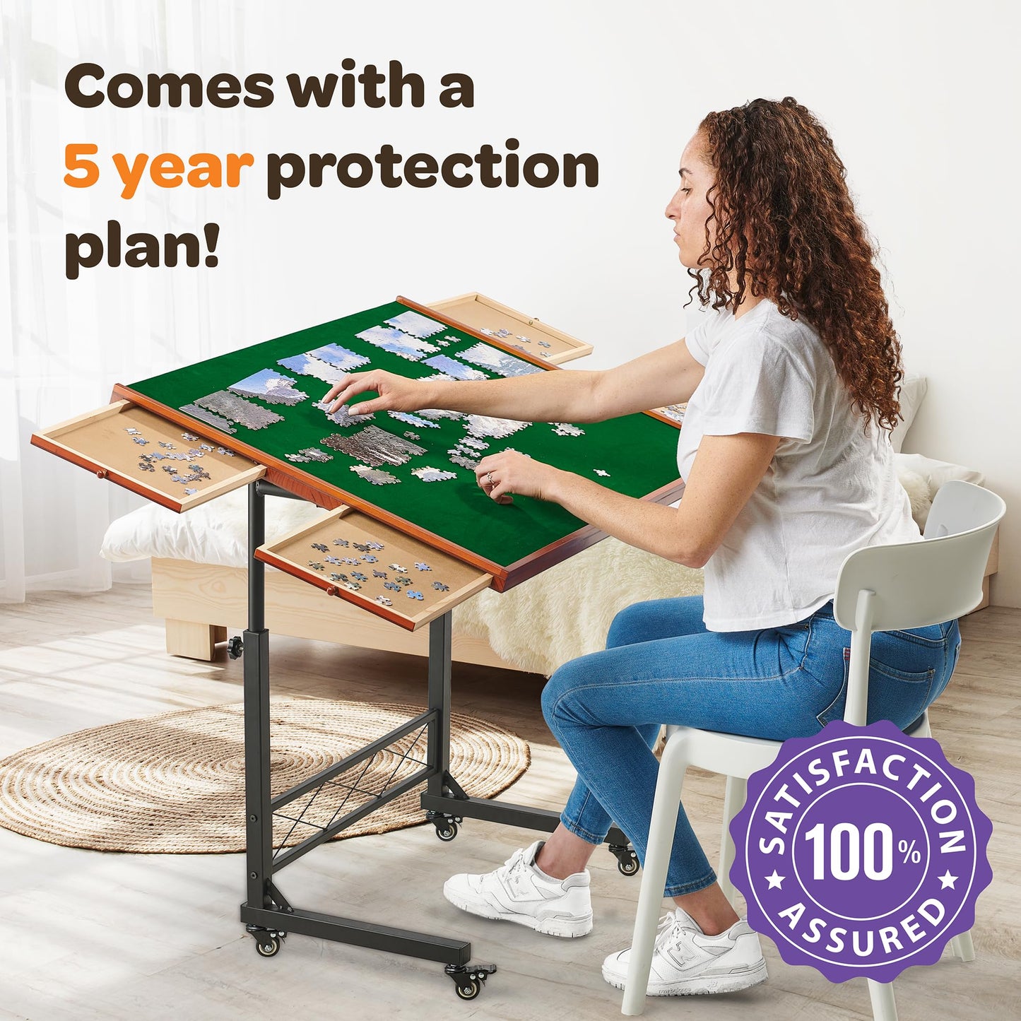 JoyBerri Jigsaw Puzzle Table/Rolling Puzzle Desk - 1500 Piece Puzzle Board with Bonus Puzzle/Portable Jigsaw Puzzle Tables with Drawers and Legs - Height Adjustable for Adults and Kids - WoodArtSupply