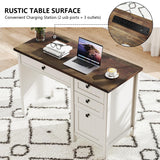 GlowVitaHome Farmhouse Executive Desk 45 inch Wood Computer Desk with 4 Drawers, Smart Charging Station, Home Office & Study Room Essential for Remote Workers, Professionals & Students.Antique White GlowVitaHome