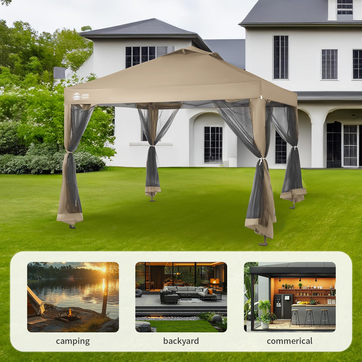 CROWN SHADES 10x10 Pop up Canopy Tent, Pop Up Gazebo with Mosquito Netting, 4 Ropes, 8 Stakes, 4 Sandbags, Wheeled Storage Bag, 10x10 Outdoor Canopy for Patio, Yard (Beige) CROWN SHADES