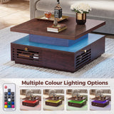 IRONCK Coffee Table with LED Light and Charging Station, 4 Storage Drawers with Grille Design, Square Coffee Table for Living Room Office Reception Room (Walnut) IRONCK