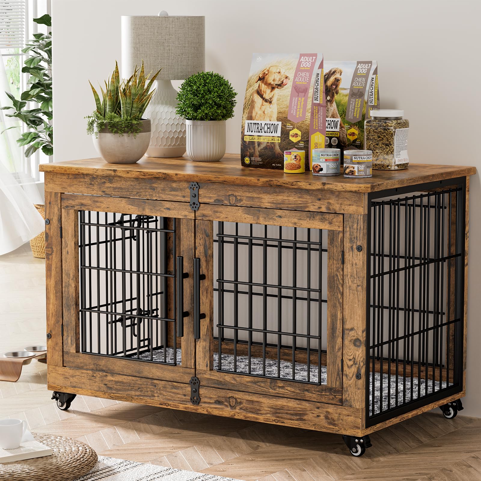 Lulive Dog Crate Furniture, Dog Kennel Indoor Double Doors Wooden Dog Cage, 38'' Heavy Duty Dog Crate with Cushion & Wheels, Decorative End Table Pet House Chew-Resistant for Large/Medium Dog - WoodArtSupply