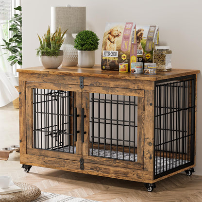 Lulive Dog Crate Furniture, Dog Kennel Indoor Double Doors Wooden Dog Cage, 38'' Heavy Duty Dog Crate with Cushion & Wheels, Decorative End Table Pet House Chew-Resistant for Large/Medium Dog - WoodArtSupply