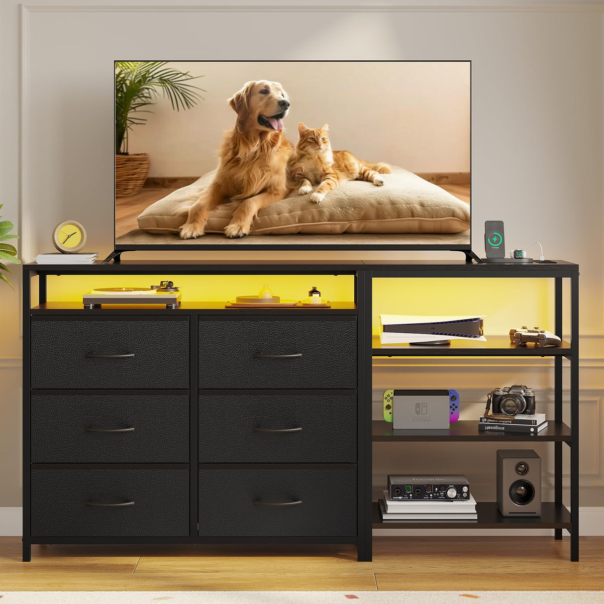 HAUOMS TV Stand for 60 Inch TV,Entertainment Center with Power Outlets and LED Lights,L Shaped Convertible Dresser with Open Shelf, 6 Drawers with PU Finish, for Living Room,Black HAUOMS