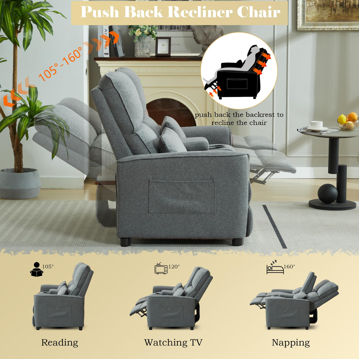 DRMBOOK 63'' RV Loveseat Recliner Sofa, Linen Fabric Double Camper Couch 2 Seater Recliner with Console, Home Movie Theater Seating Chair, 2 Person Push Back Recliners for Living Room, Grey DRMBOOK