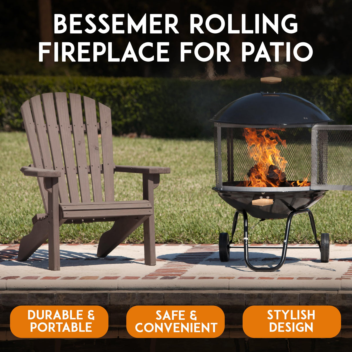 Fire Sense 01471 Fire Pit Bessemer Rolling Patio Fireplace Wooden Bonfire Porcelain Enamel Wood Burning with Wheels & Handle Grip for Outdoor Entertaining - Black & Silver - 28" Fire Sense