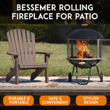Fire Sense 01471 Fire Pit Bessemer Rolling Patio Fireplace Wooden Bonfire Porcelain Enamel Wood Burning with Wheels & Handle Grip for Outdoor Entertaining - Black & Silver - 28" Fire Sense