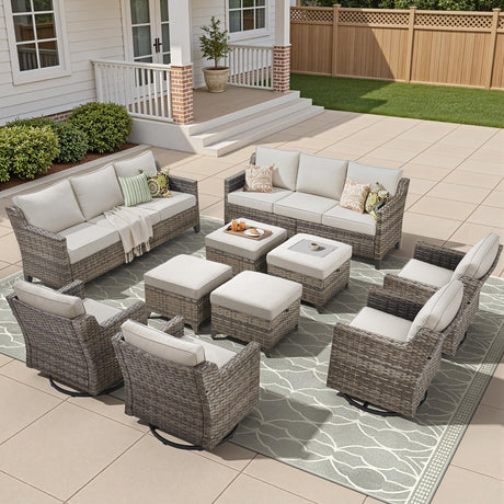 AMCLOBA 10 Piece Patio Furniture Set-High Back Outdoor Furniture Set Sectional Sofa with Wicker Swivel Patio Chairs,Comfy Cushions Ottomans for Porch Balcony Patio Deck Grey/Beige AMCLOBA