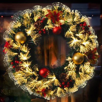 Pre-lit Christmas Wreath 24" Extra Large Christmas Wreath Artificial Deluxe Lighted Plug in Christmas Decorations Ornament with Lights Door Window Fireplace Decor 10ft Cable