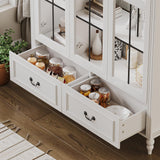 70.8'' Tall Arched Kitchen Pantry Cabinet, Large Farmhouse Storage Cabinet with Glass Doors, Display Case, Wood Bookshelf with 2 Drawers & Adjustable Shelves, Kitchen Pantry for Living Room, White LIVAUVEAD