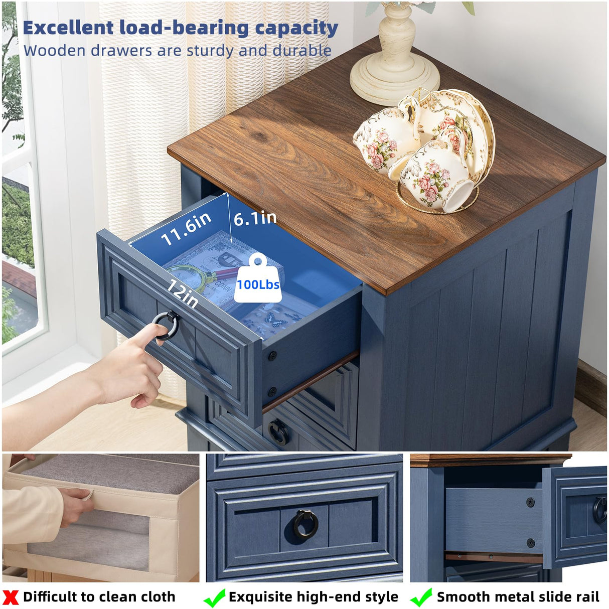 Joaxswe Night Stand Set of 2, Farmhouse 18" End Table with 3 Drawer Metal Handle, Dresser for Bedroom, Sofa Bed Side Table Chest of Drawers,Wood Nightstand Cabinet for Organizer, Living Room-Blue Joaxswe