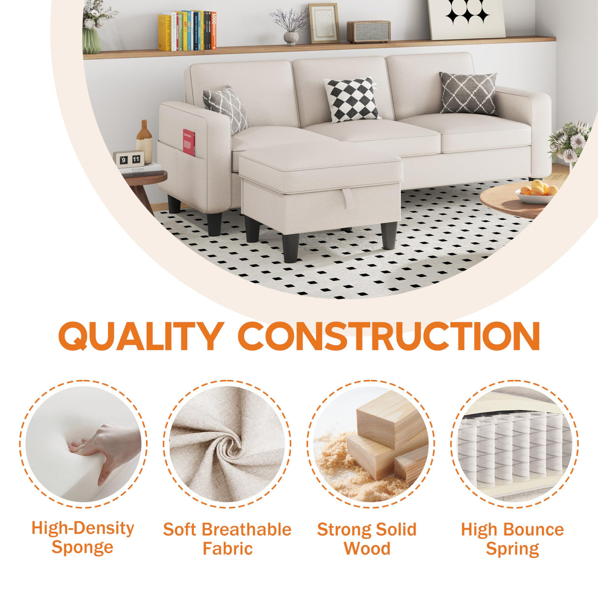 ZeeFu Convertible Sectional Sofa Couch: Beige 3 Seat L-Shaped Sectional Sofa Couches with Storage Ottoman - Modern Linen Fabric Small Sofa Couch Set for Living Room Office Small Space Apartment ZeeFu