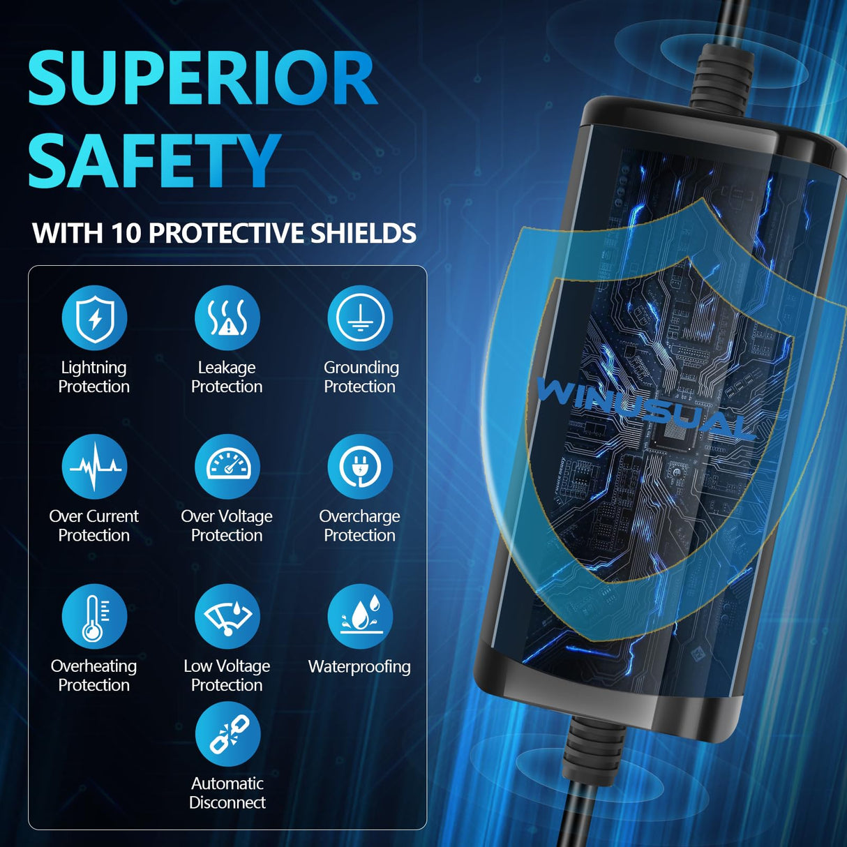 WINUSUAL Portable Level 1 & 2 EV Charger,16A 110-240V with Fix Time Charge, 20FT Cable, NEMA 6-20 Plug and NEMA 5-15 Adapter, SAE J1772 EV Electric car Charger, Current Adjustable(NOT for Tesla) WINUSUAL