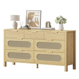 DWVO Natural Rattan 7 Drawer Dressers - Oak Wooden Dresser Chest of Drawers with Golden Handles - Modern Large Closet Boho Dressers Storage Cabinet for Living Room/Hallway/Entryway DWVO