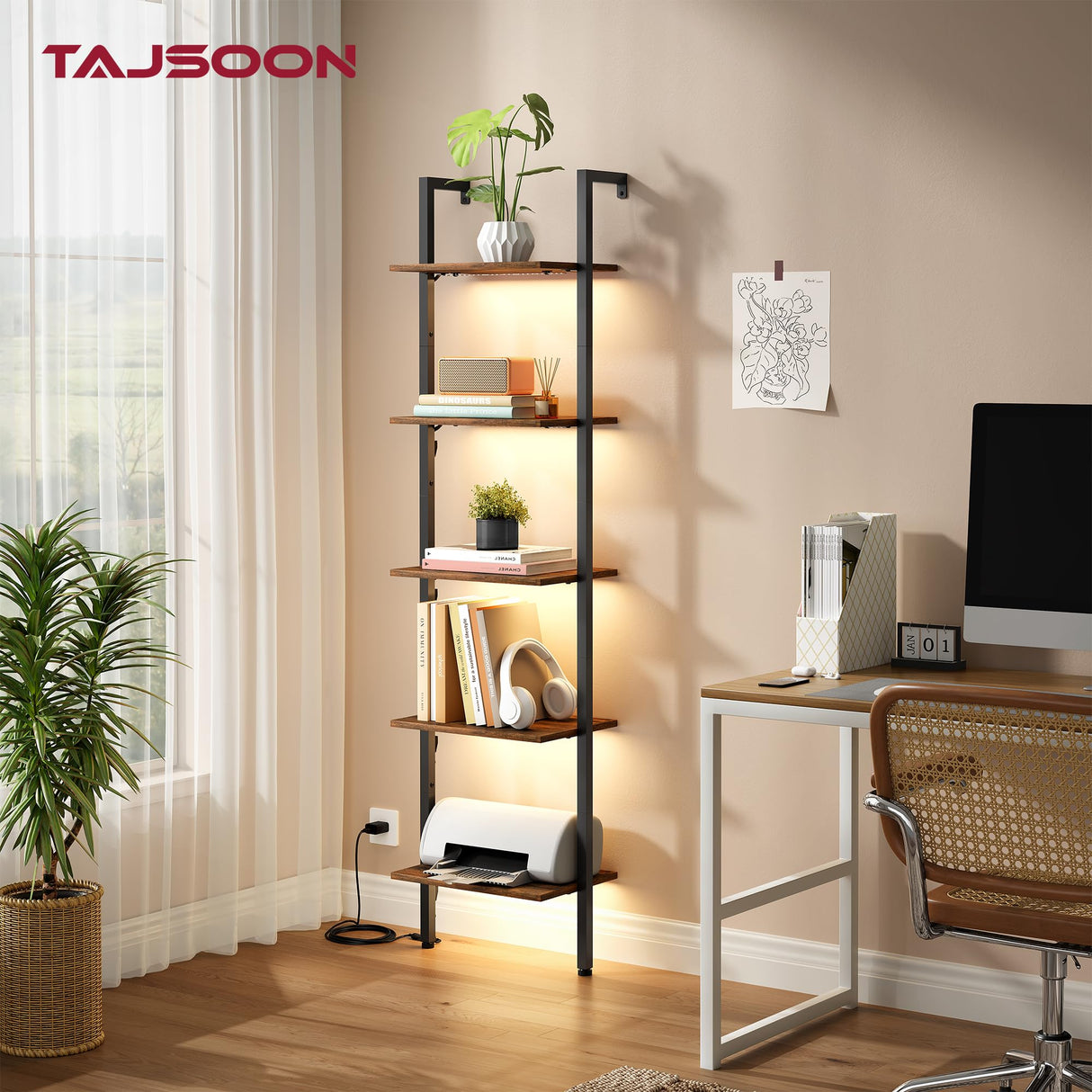 Tajsoon 5-Tier Ladder Shelf with LED Light, Wall Mounted Ladder Bookshelf with Metal Frame, Wall Ladder Bookshelf for Living Room, Bedroom, Office, Rustic Brown Tajsoon