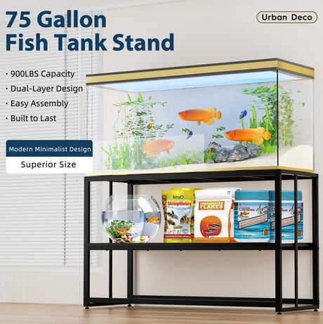 Urban Deco 55-75 Gallon Fish Tank Stand 900LBS Capacity For Aquarium Stand Metal Fish Tank Stand 48.4"x19.7"x31.5" Dual-Layer Design Terrarium Stand Ideal for Home and Office Urban Deco