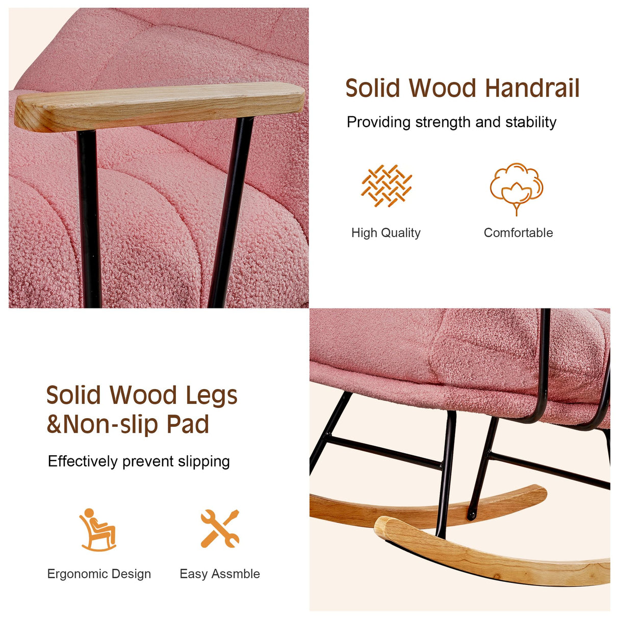 VECELO Wide Rocking Chair Nursery, Oversized Upholstered Teddy Fabric Modern Glider Rocker with High Backrest for Living Room & Bedroom, Large Size, Pink VECELO