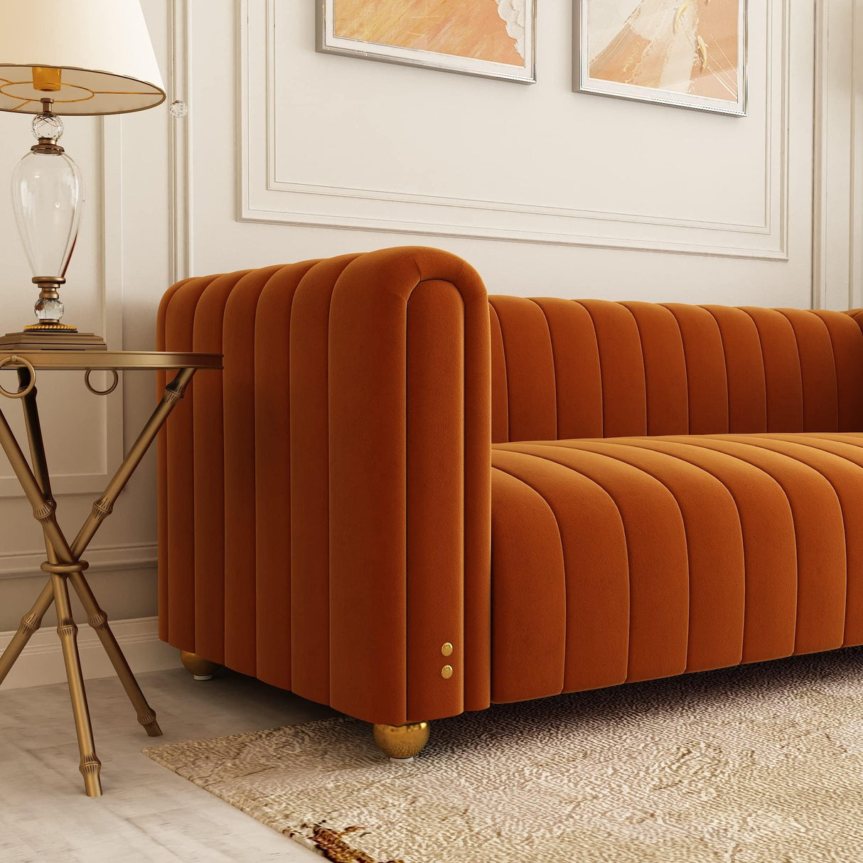STORFENBOR 81" Orange Velvet Sofa Mid Century Modern Couch for 3 Person Chesterfield Tufted Velvet Couches for Living Room Apartment Bedroom Office STORFENBOR