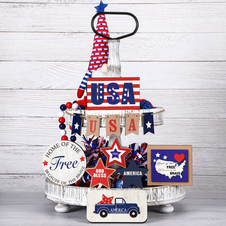 Maitys Patriotic Tiered Tray Decor Set 4th of July Table Decor Memorial Day Decorations Red White Blue Wooden Sign Farmhouse Independence Day Centerpieces American Flag USA Decor(Classic Style) Maitys