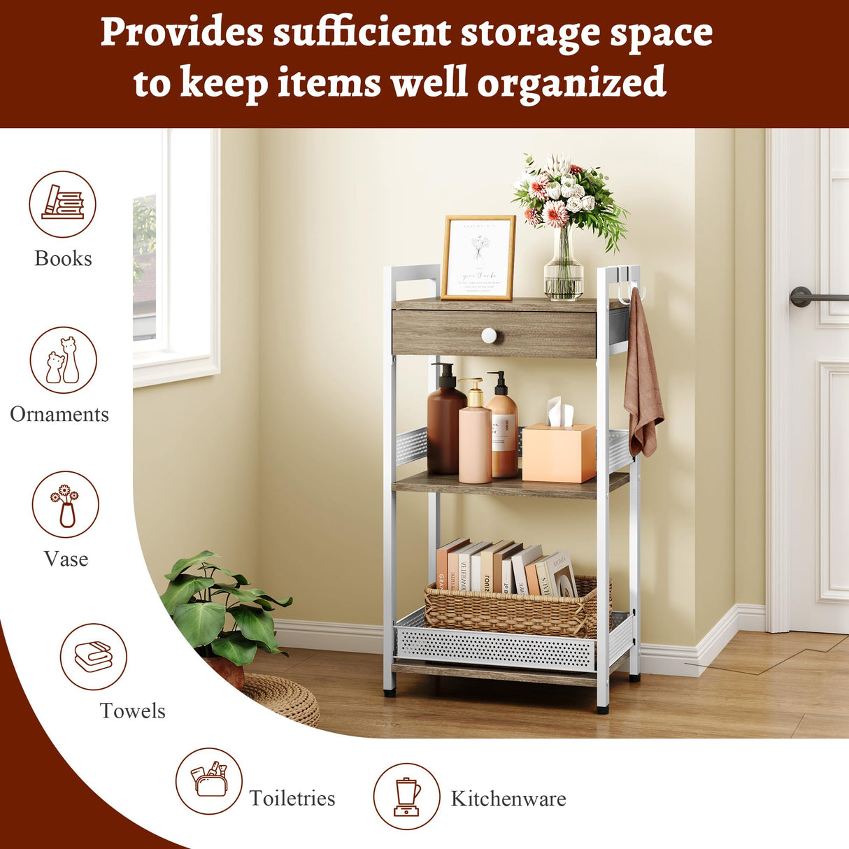 FAVOOSTY 3-Tier Bathroom Ladder Shelf Floor Storage Shelf with Drawer Freestanding Shelving Unit Bookcase End Table for Bathroom Living Room,Balcony-White FAVOOSTY