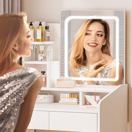 LIVELYGLOW Small Vanity Desk Set with Square Mirror and Light- Vanity Desk with Drawer- White LIVELYGLOW