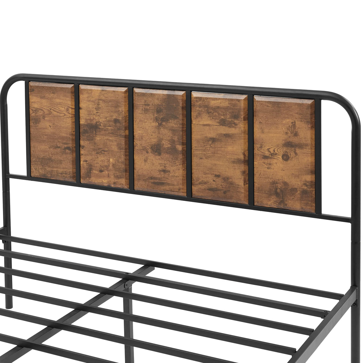 VECELO Industrial Queen Size Platform Bed Frame with Wooden Headboard - Sturdy, No Box Spring Needed, Brown VECELO