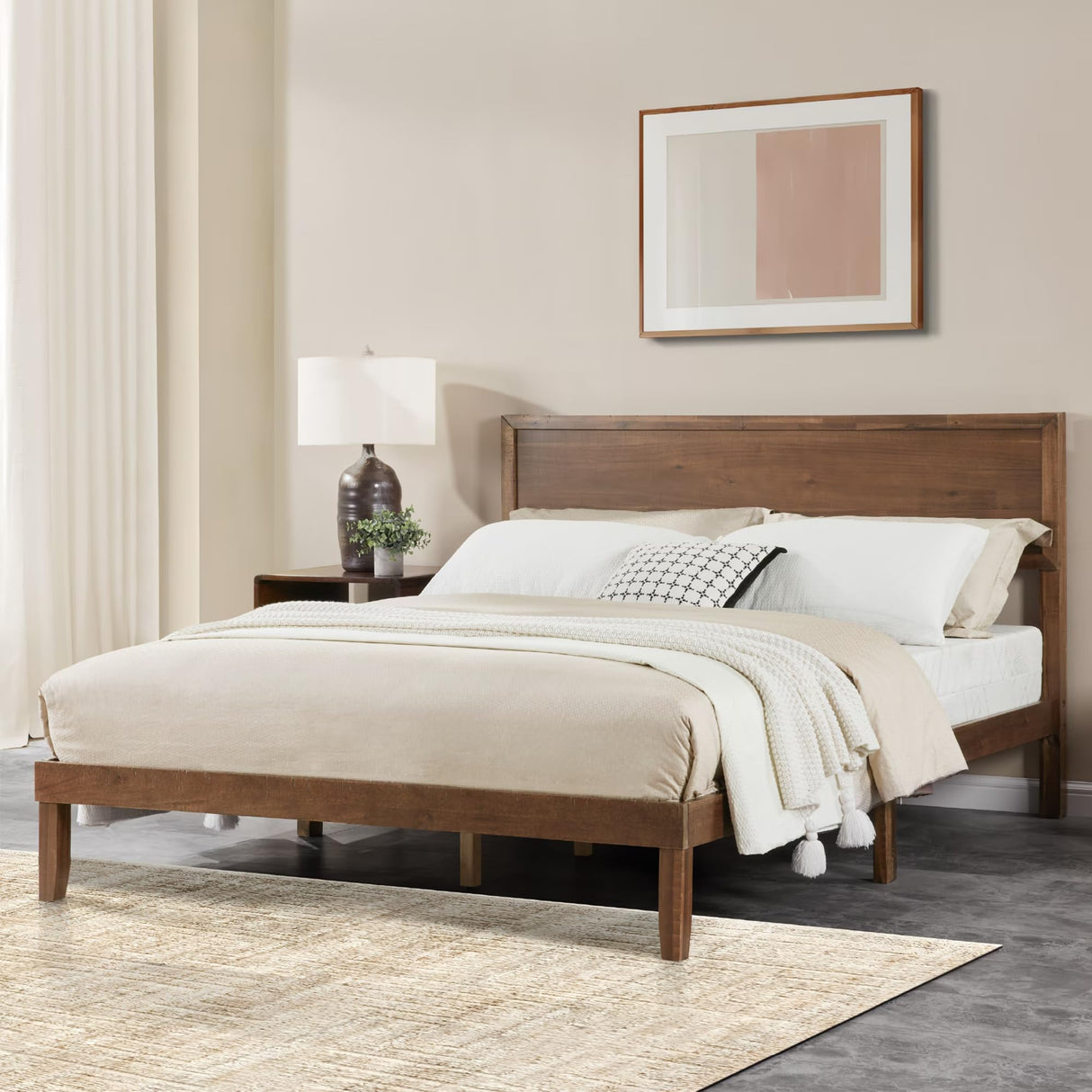 Krinana Wood Queen Size Bed Frame, Mid Century Modern Platform Bed with Headboard, Wooden Slat Support, No Box Spring Needed, Easy Assembly (Brown, Queen) Krinana