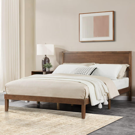 Krinana Wood Queen Size Bed Frame, Mid Century Modern Platform Bed with Headboard, Wooden Slat Support, No Box Spring Needed, Easy Assembly (Brown, Queen) Krinana