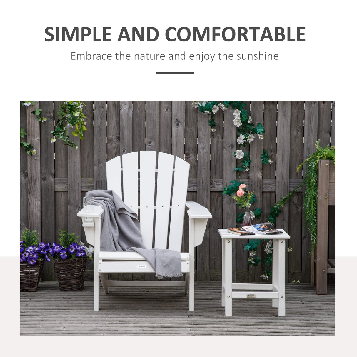 Outsunny Adirondack Chair with Cup Holder, All Weather Patio Chair HDPE Lounger, Fire Pit Seating High Back and Wide Seat for Outdoor, Backyard, Garden, Deck, Lawn, White Outsunny