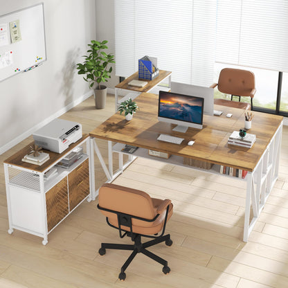 LITTLE TREE 63" L-Shaped Executive Desk & 32" Mobile Filing Cabinet Set in Walnut - WoodArtSupply