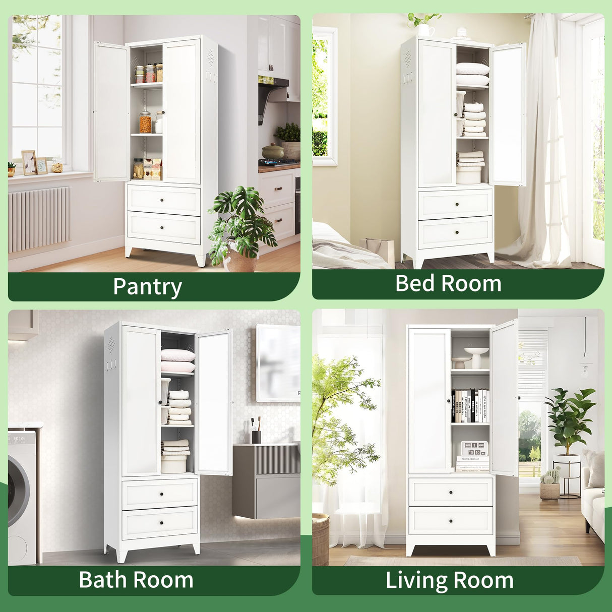 VIYET 72" Tall Kitchen Pantry Cabinet,White Metal Pantry Cabinet with 2 Drawers & 2 Adjustable Shelves,Utility Storage Cabinet Rust-Resistant for Living Room,Dining Room,Bathroom,Garage,Basement VIYET